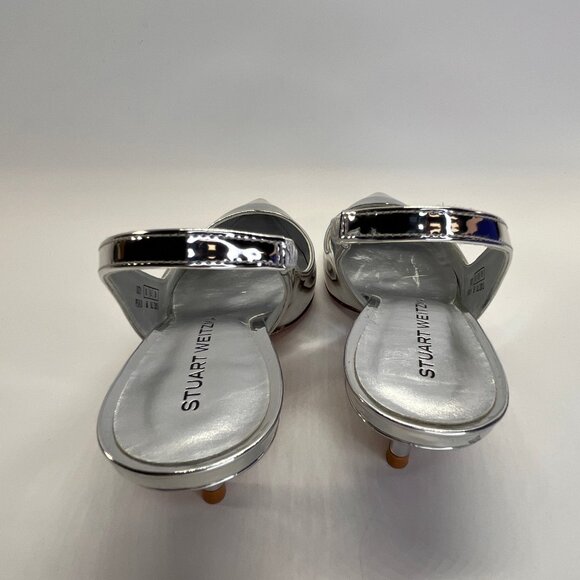 Stuart Weitzman EVA 50 Slingback Heels Sz 6.5 Silver Metallic Kitten Pointed Toe - Picture 4 of 14
